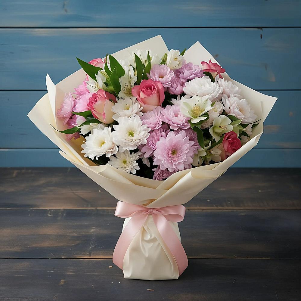 Букет цветов из: Хризантемы, Альстромерии и Розы в Жостово